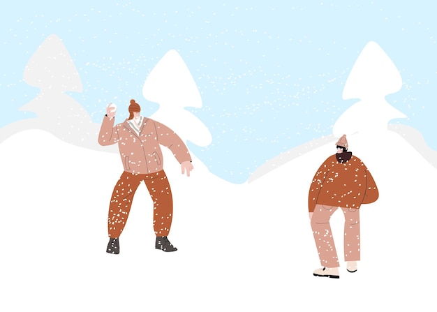 Vettore un paio di persone giocano a palle di neve in un gioco divertente in inverno paesaggio innevato illustrazione vettoriale personaggi di amici cartoni animati che giocano all'aperto godendosi il freddo gelo concetto di attività sana invernale