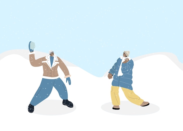 Vettore un paio di persone giocano a palle di neve in un gioco divertente in inverno paesaggio innevato illustrazione vettoriale personaggi di amici cartoni animati che giocano all'aperto godendosi il freddo gelo concetto di attività sana invernale