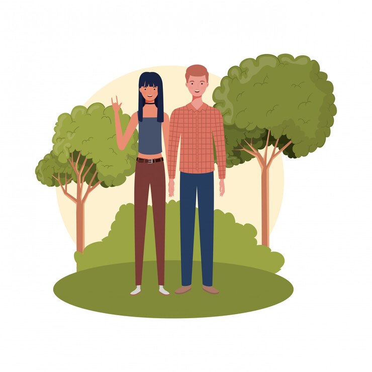 Vector couple of people standing with landscape