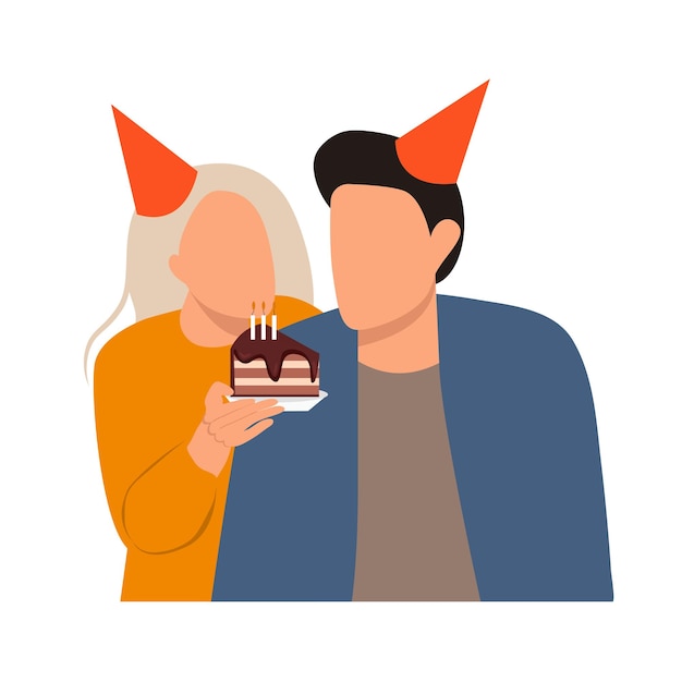 Vector a couple of people with chocolate cake and party hats celebrate birthday vector illustration