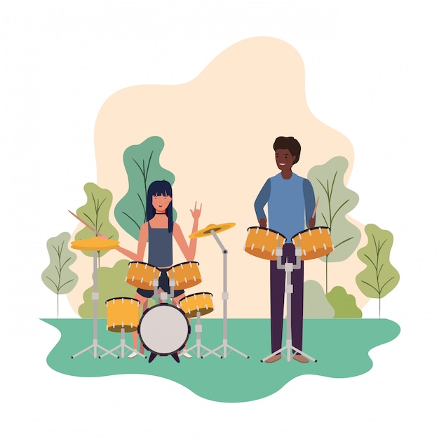 Vector couple of people with musicals instruments and landscape