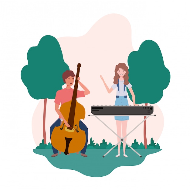 Couple of people with musicals instruments and landscape