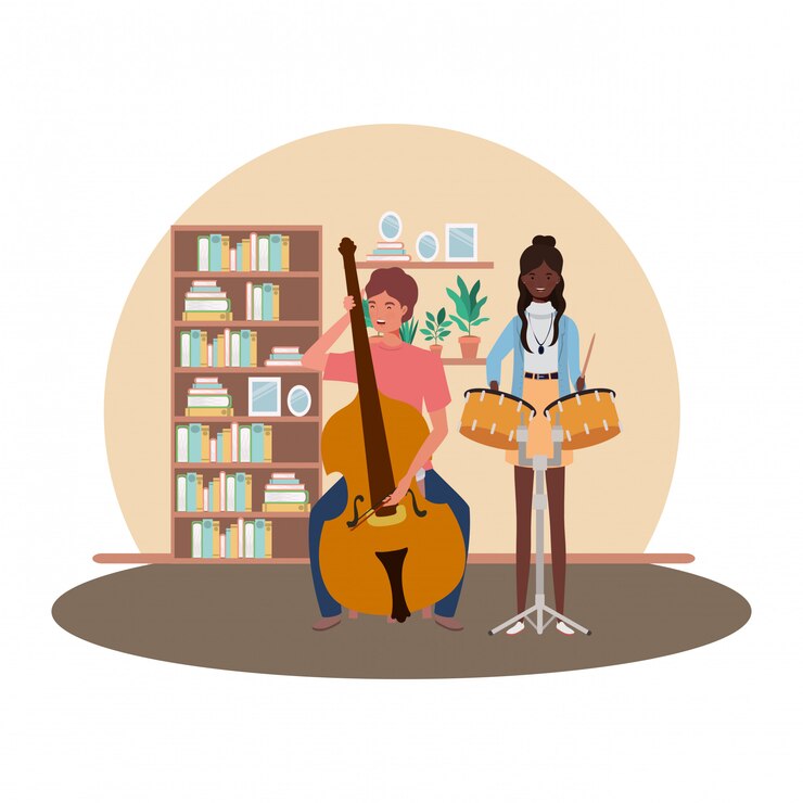 Vector couple of people with musicals instruments in living room