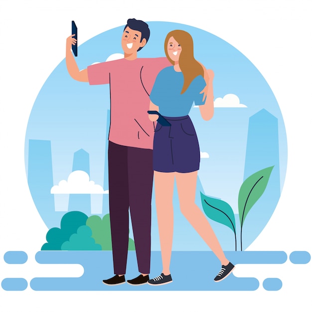 Couple performing leisure outdoor activities, happy couple are take selfie illustration design