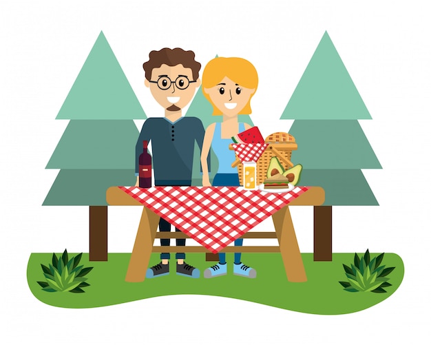 Couple and picnic cartoons