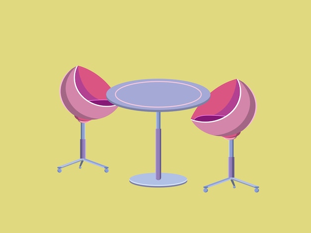 Couple of pink chair and round blue table in yellow background