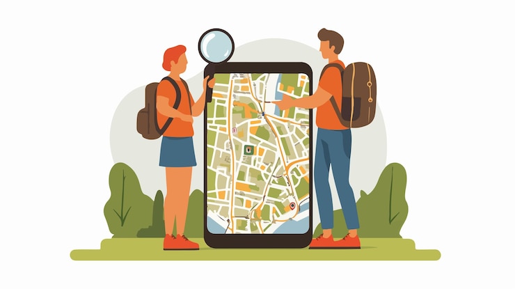 Vector couple planning route with magnifying glass journey exploration concept
