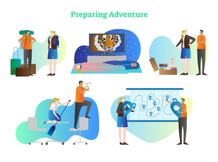 Vector couple planning vacation adventure trip