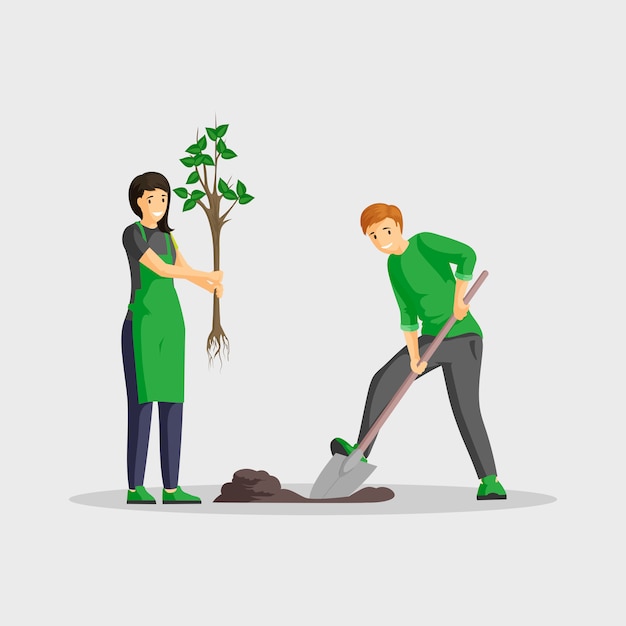 Couple planting tree flat color illustration. People gardening isolated cartoon characters, volunteers working outdoors together, greening planet. Man digging and woman holding sapling