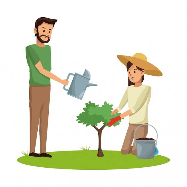 Couple planting and watering tree pot earth