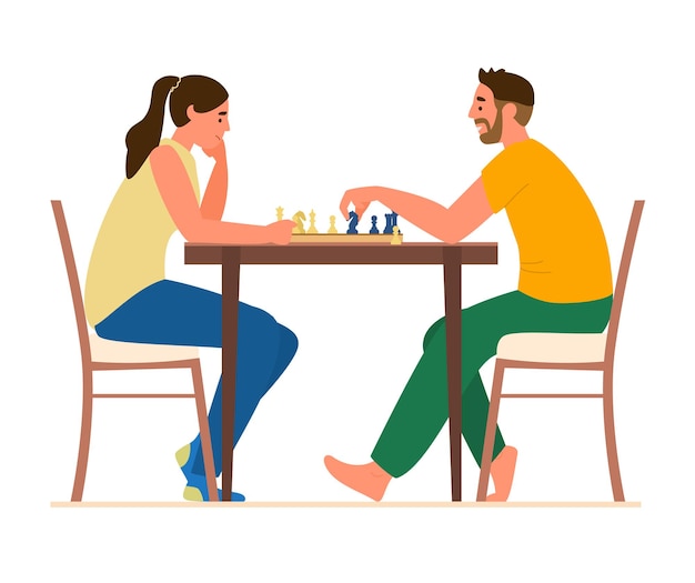 Vector couple playing chess at table at home.