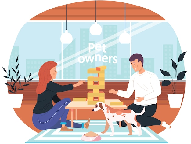 Couple playing jenga at home cartoon illustration cozy living room atmosphere in the evening. man and woman friendly family or good friends spend time together with a logic game on the weekend