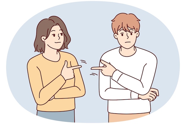두 손가락이 서로를 가리키며 싸움이나 논쟁에서 책임을 피합니다. 고집스러운 사람