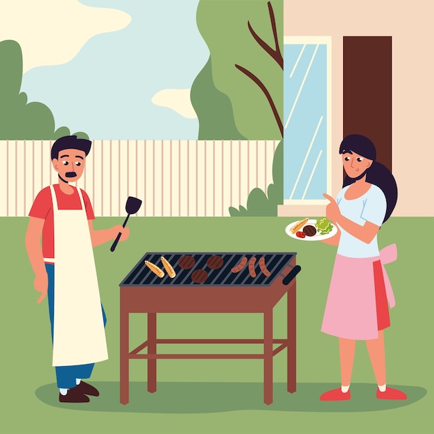 Vector couple preparing bbq food