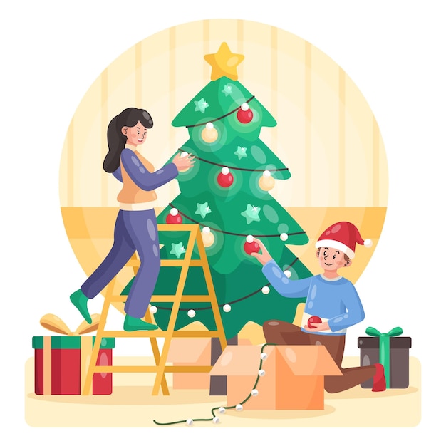 A Couple Preparing and Decorating Christmas Tree