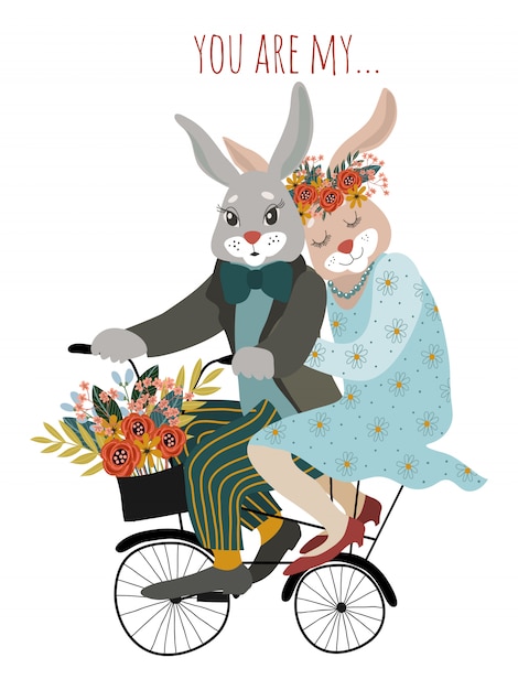 A couple of rabbits in love on a bicycle with a bouquet of flowers