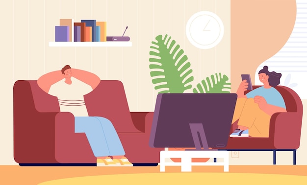 Vector couple relax in living room man and woman rest at home watching tv and surfing in internet girl sitting in chair and using smartphone vector concept