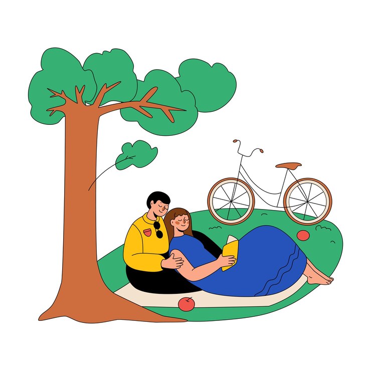 Vector couple relaxing in the garden on the lawn