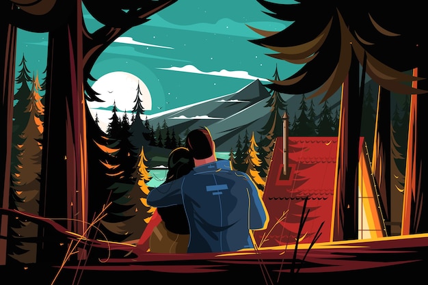 Coppia che riposa nell'illustrazione vettoriale della foresta di pini le persone innamorate si siedono abbracciate e guardano la luna