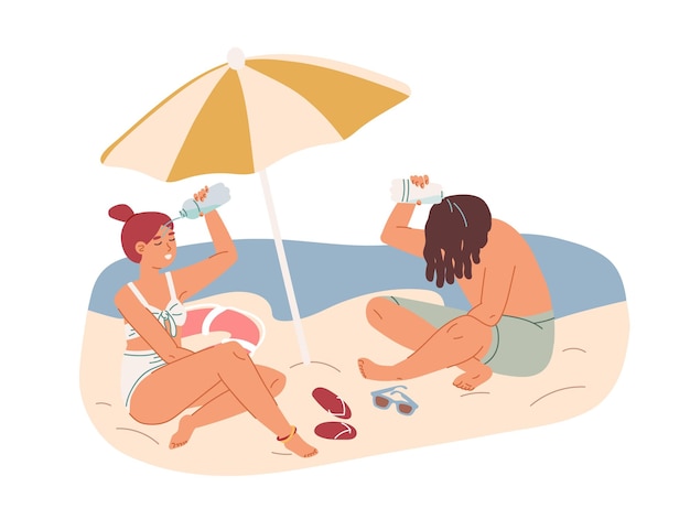 Пара отдыхает под зонтиком на пляже в жаркую летнюю погоду. люди плавятся от жары и обливают себя водой из бутылок. цветная плоская векторная иллюстрация на белом фоне.