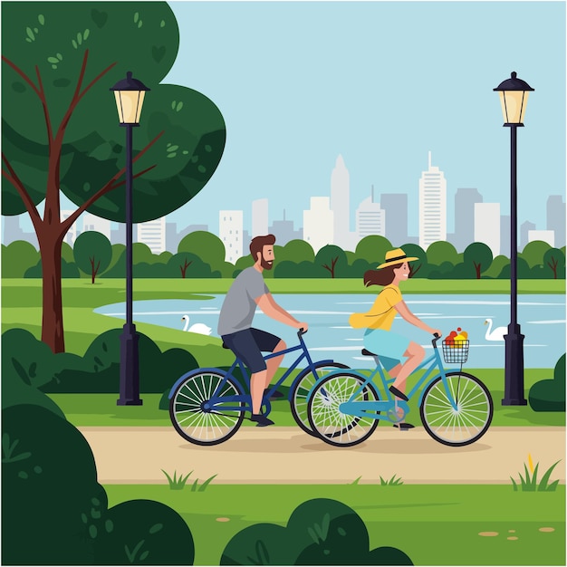 couple riding bicycles in city park with lake and skyline
