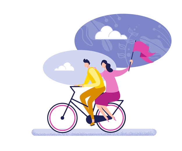 Vector couple riding bicycles with recycling flag flat.