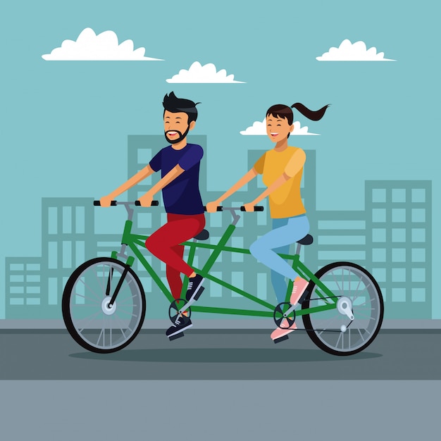 Vector couple riding a double bike at city