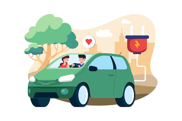 Couple Riding Electric Car Illustration concept