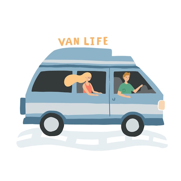 Vector couple riding a van. family living in a van concept for banner, flyer, article. hand drawn vector illustration with van life movement.