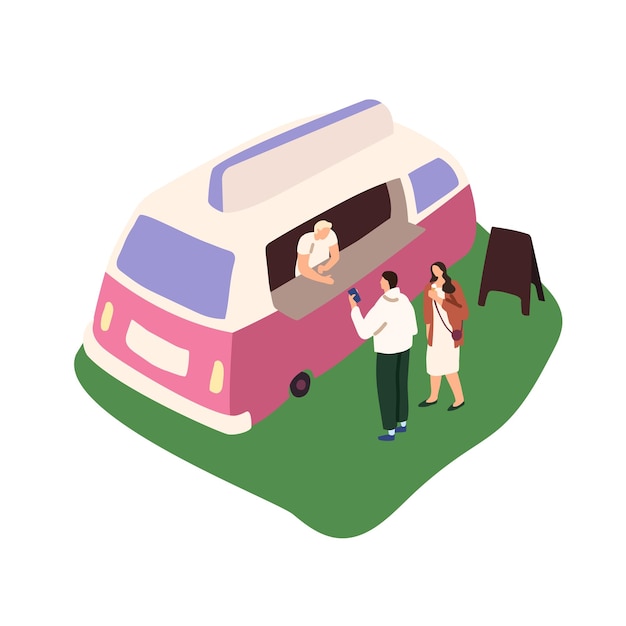 Vector couple on romantic date buys ice cream in food truck seller in van stall sells snacks kiosk of fastfood outdoor people on summer festival in park flat isolated vector illustration on white