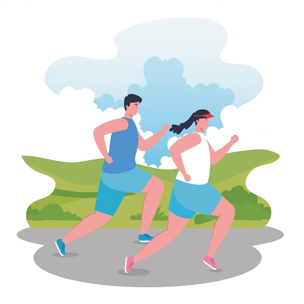 couple running outdoor, woman and man in sportswear jogging in the park