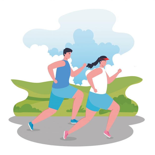 Vector couple running outdoor, woman and man in sportswear jogging in the park