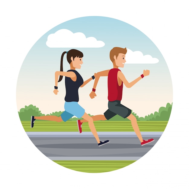 Couple running outside round icon