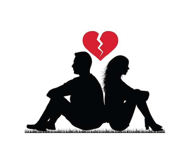 A couple in sadness sitting back to back on a grass field with a broken heart vector between them