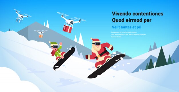 Coppia di babbo natale con elfo facendo salto su snowboard