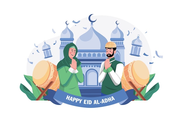 Couple Saying Happy Eid Illustration concept on white background