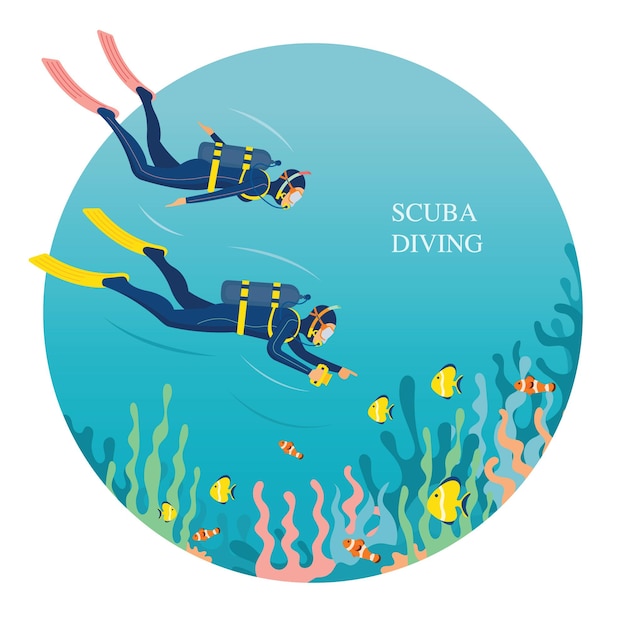 Vector couple scuba diving underwater