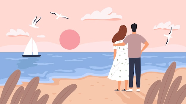 Couple at sea sunset. Man and woman on date at summer beach. Seascape with boat, gulls and tourists. Romantic wedding travel vector concept. Sea coast beach, love romantic together illustration