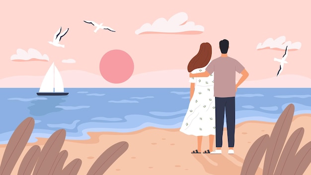 Vettore coppia al tramonto sul mare. uomo e donna alla data in spiaggia d'estate. seascape con barca, gabbiani e turisti. concetto di vettore di viaggio matrimonio romantico. spiaggia della costa del mare, amore romantico insieme illustrazione