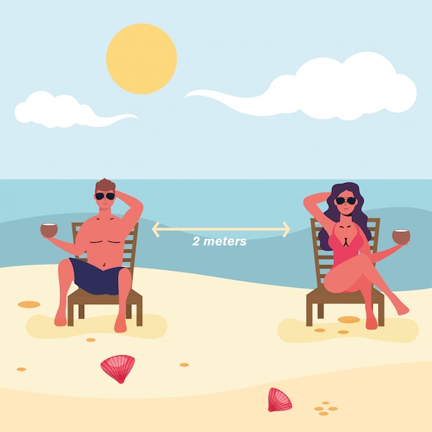 Vector couple seated in beach chairs practicing social distance