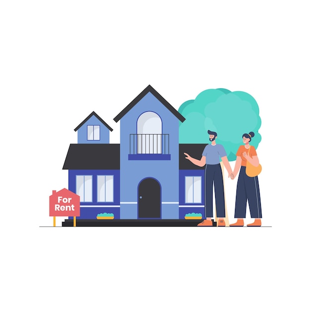 Vector couple seeing a house for rent concept illustration