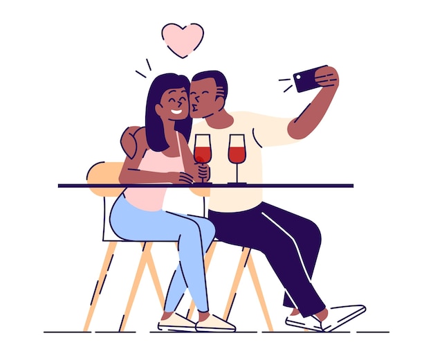 Vector couple selfie flat vector illustration. guy kisses smiling girl for self photo on phone camera. man and woman in love making portrait on dating. isolated cartoon character on white background