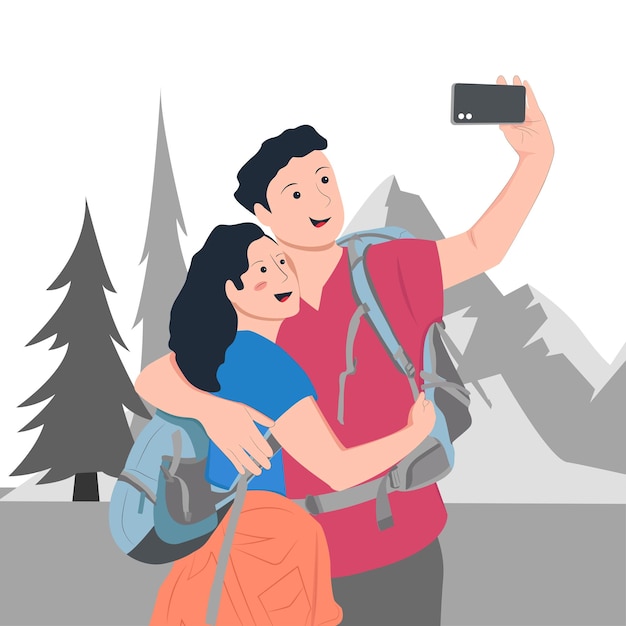 Vettore un selfie di coppia nella foresta