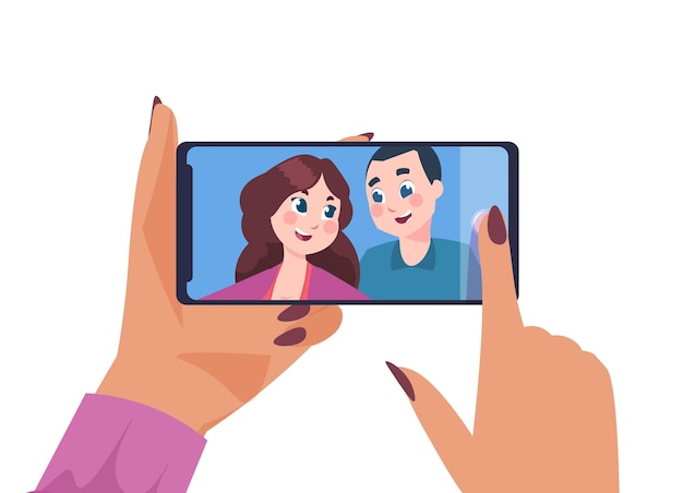 Couple selfie Happy man and woman taking pictures on smartphone Cartoon people posing together and shooting photography on phone Vector female holding device and looking at photos