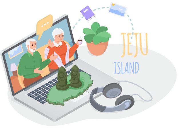 Vector couple of seniors going on summer tour vacation in asia jeju island travel to south korea website traditional landmarks sights popular place for visiting tourists at green tropical island