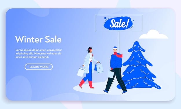 couple shopping on winter sale. Character man, woman buyer walking with purchases. Design template landing page of store promotion, retail, discount, happy customer