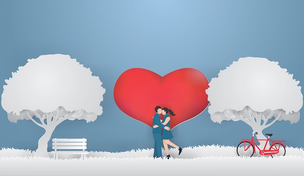 Vector couple show love on the gray grass with heart background in spring season.