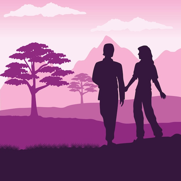 Couple silhouette in landscape