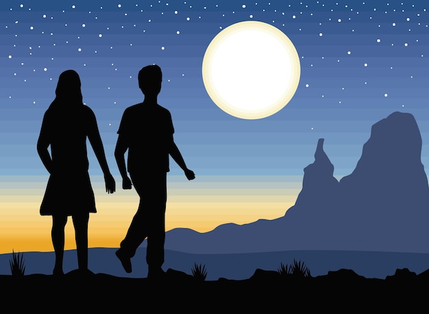 Couple silhouette in night landscape