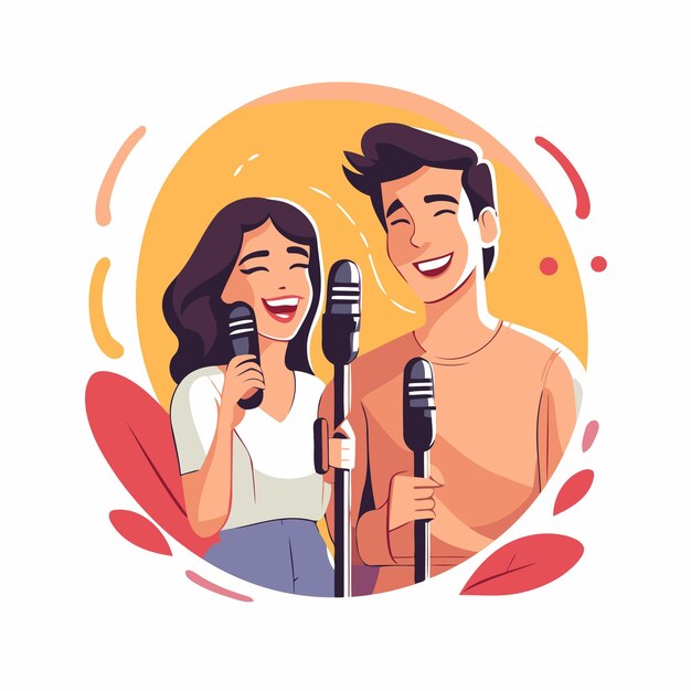 Couple singing karaoke together Vector illustration in cartoon style